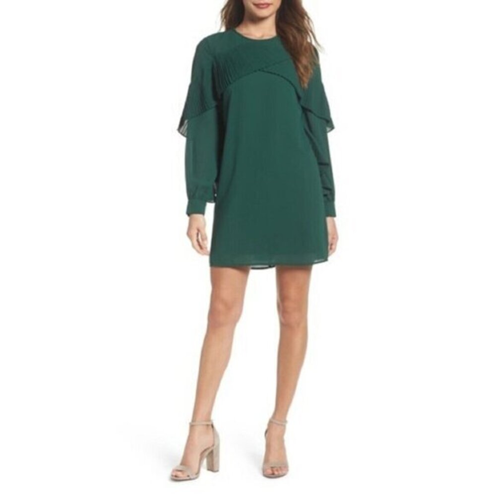 Chelsea28 Green Pleated Ruffle Shift Dress Long Sleeves Above Knee Sz M New
